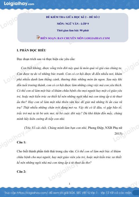 Đề thi giữa kì 2 Văn 9 - Đề số 2 - chương trình cũ